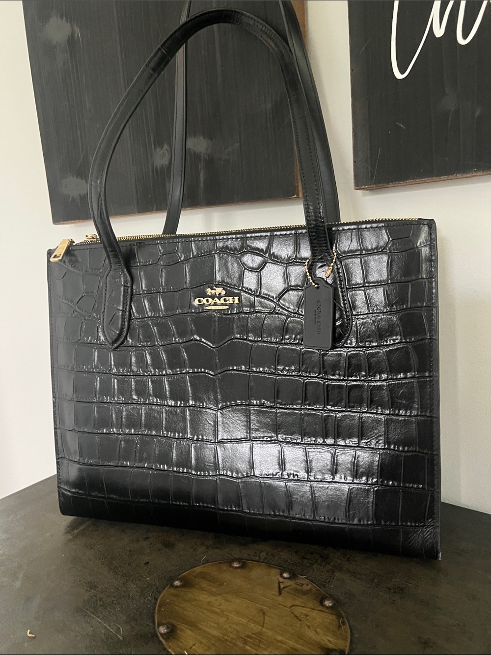 Coach Black Croc-Embossed Leather Tote with Gold Hardware